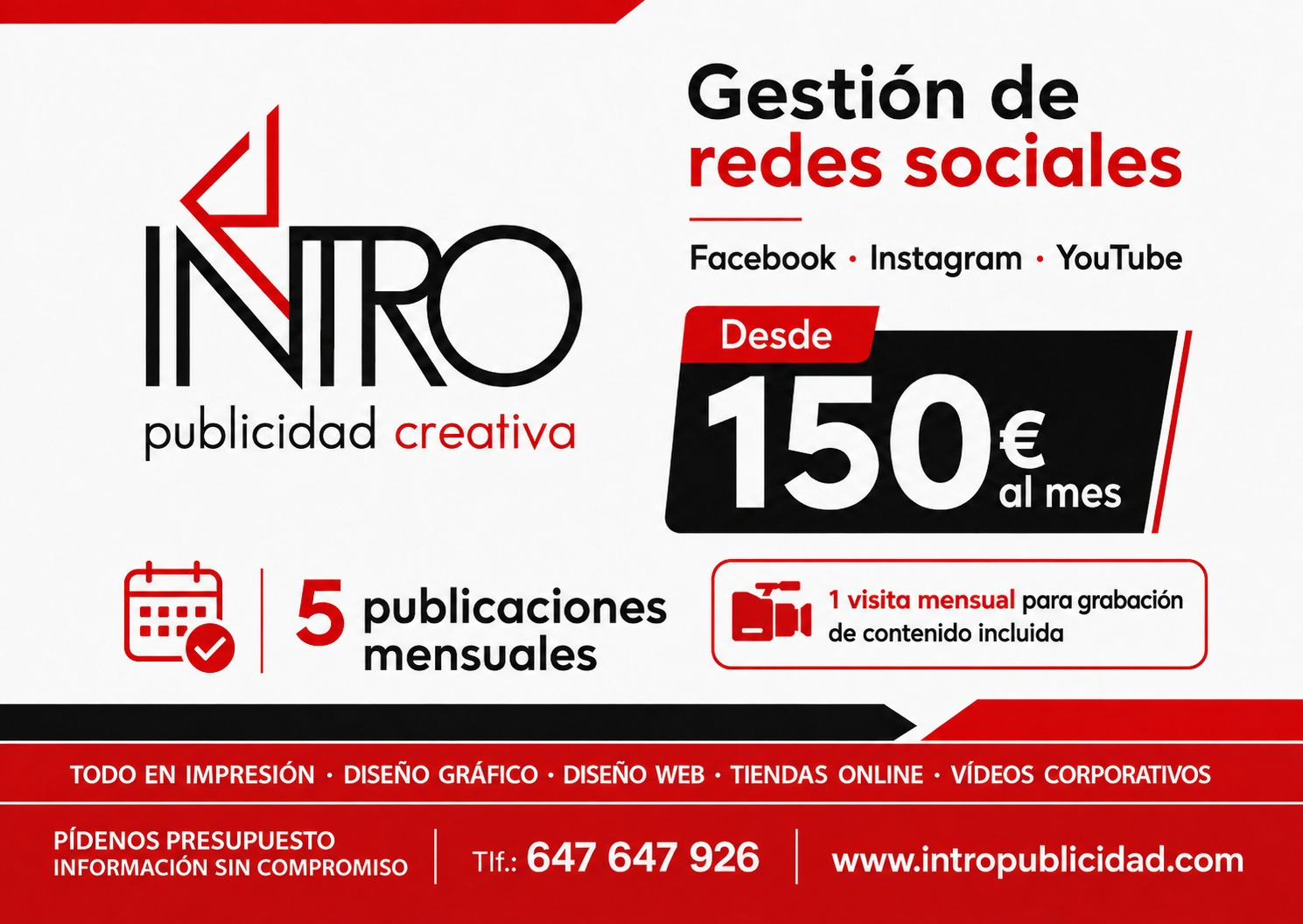 Plan de gestión de redes sociales por 150 euros al mes