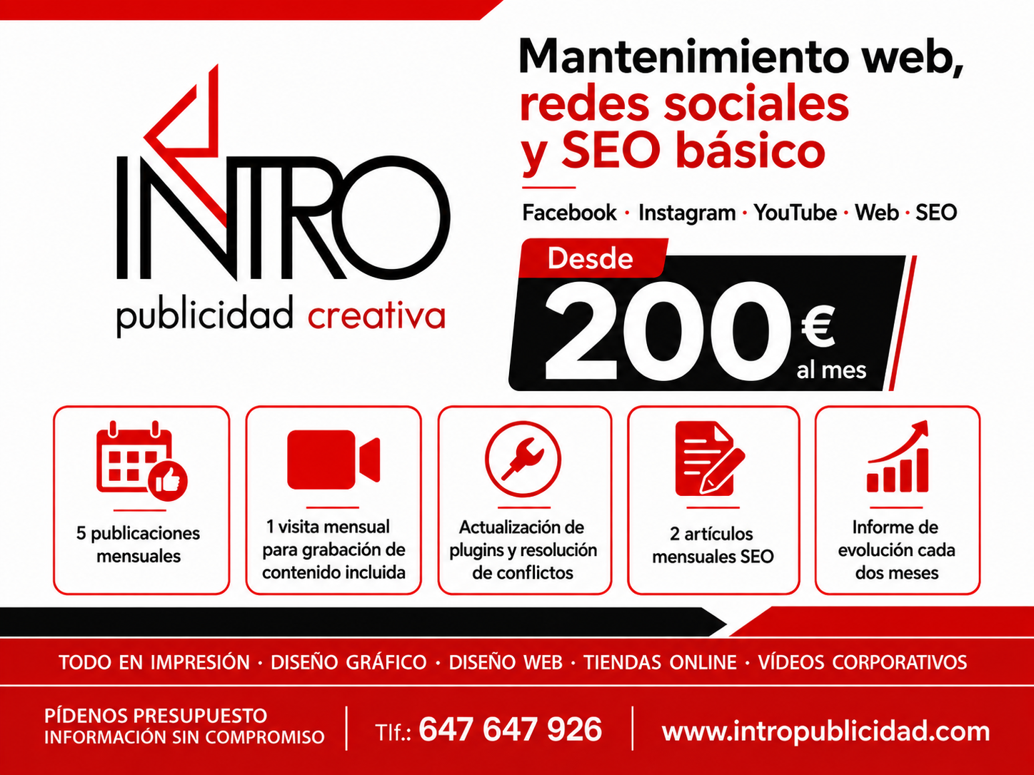 Plan integral de redes sociales web y SEO por 200 euros al mes